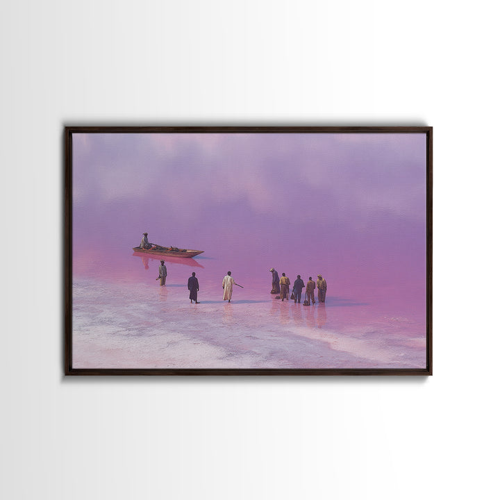 Purple Pink Salt Lake Boat Scene Wall Art, African Landscape, Coastal Travel Poster, Cultural Home Decor, Large Canvas Print