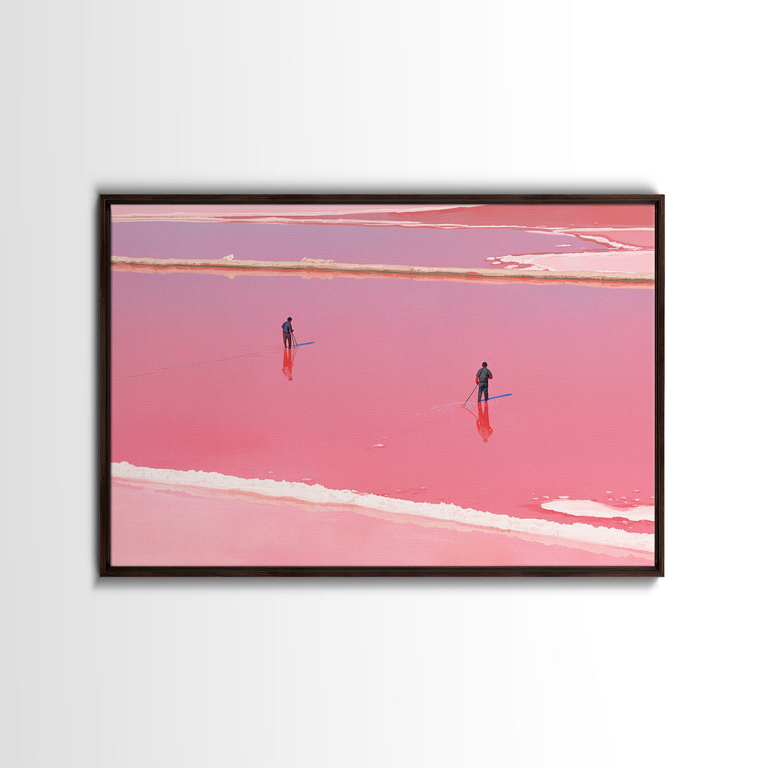 Two Figures Walking Pink Salt Flats Wall Art, Minimalist African Landscape, Dreamy Pink Decor, Modern Coastal Canvas Print