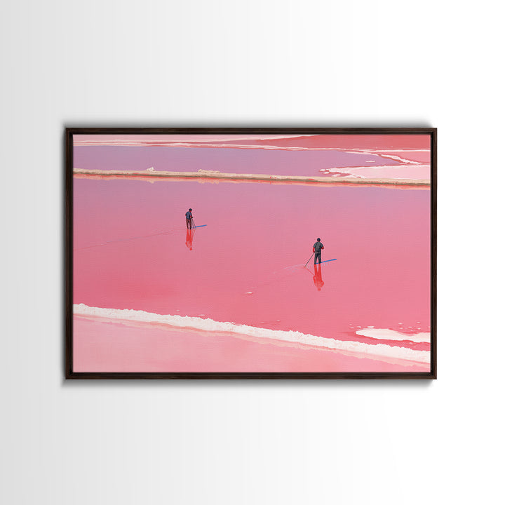 Two Figures Walking Pink Salt Flats Wall Art, Minimalist African Landscape, Dreamy Pink Decor, Modern Coastal Canvas Print