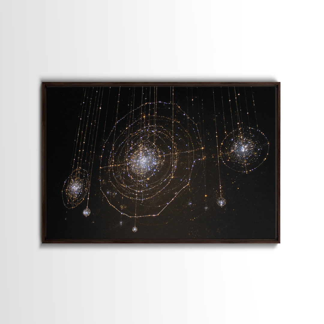 Golden Hanging Galaxy Lights Wall Art, Abstract Black Background, Spiritual Modern Art, Luxury Home Decor, Dreamy Canvas Print