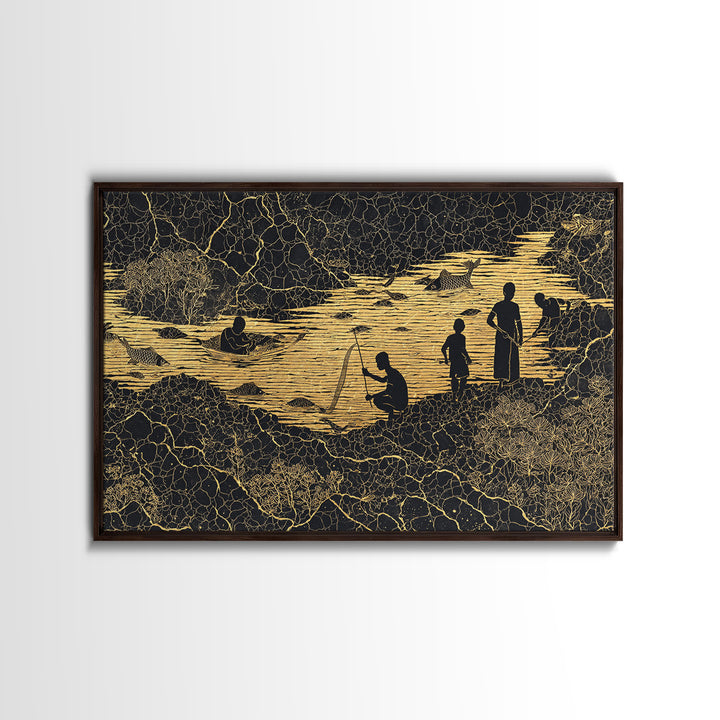 Golden River Village Silhouettes Wall Art, African Wall Art, Black Culture Art, Tribal Landscape, Cultural Home Decor Gift