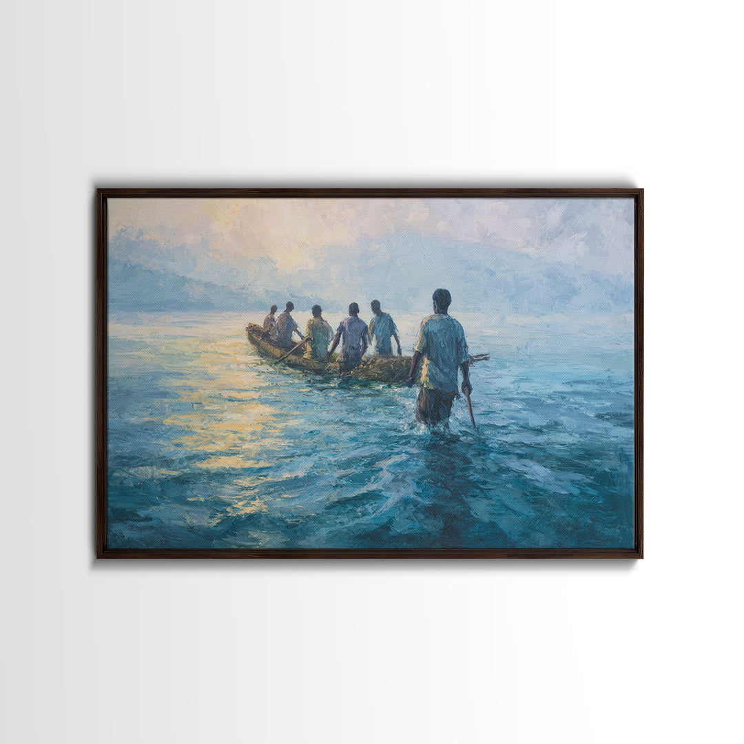 Blue Lake Fishermen In Canoe Canvas Print, African Art Print, Coastal Water Painting, Living Room Decor, Unique Canvas Gift