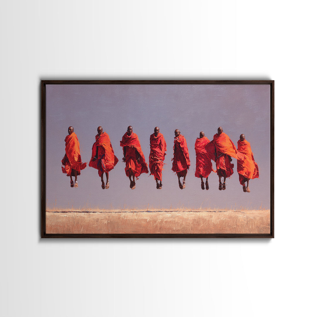 Seven Red Robed Maasai Jumpers Wall Art, African Tribal Art, East Africa Painting, Bold Wall Decor, Empowered Women Gift
