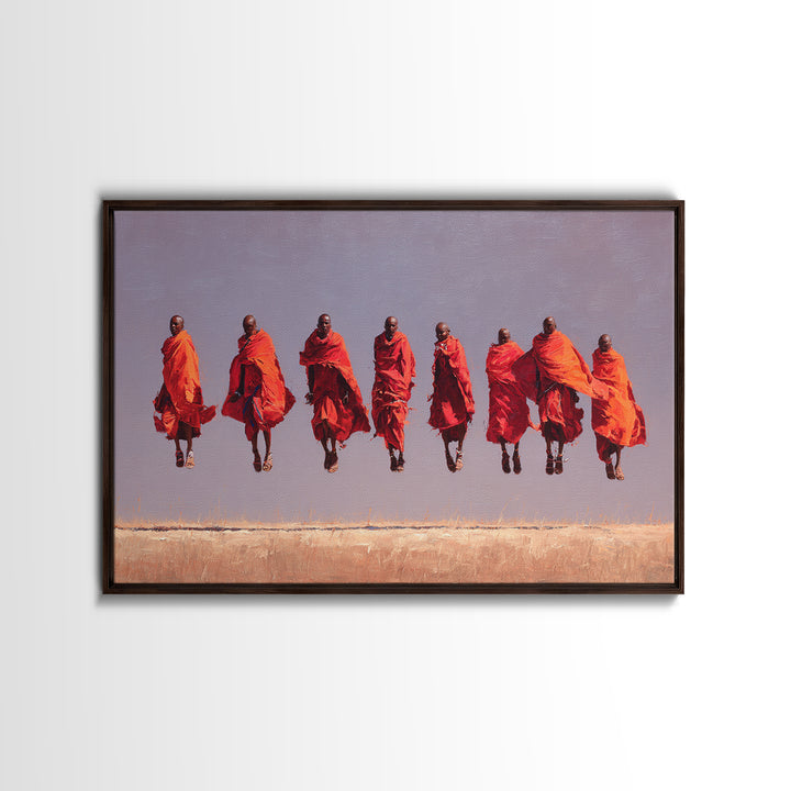 Seven Red Robed Maasai Jumpers Wall Art, African Tribal Art, East Africa Painting, Bold Wall Decor, Empowered Women Gift