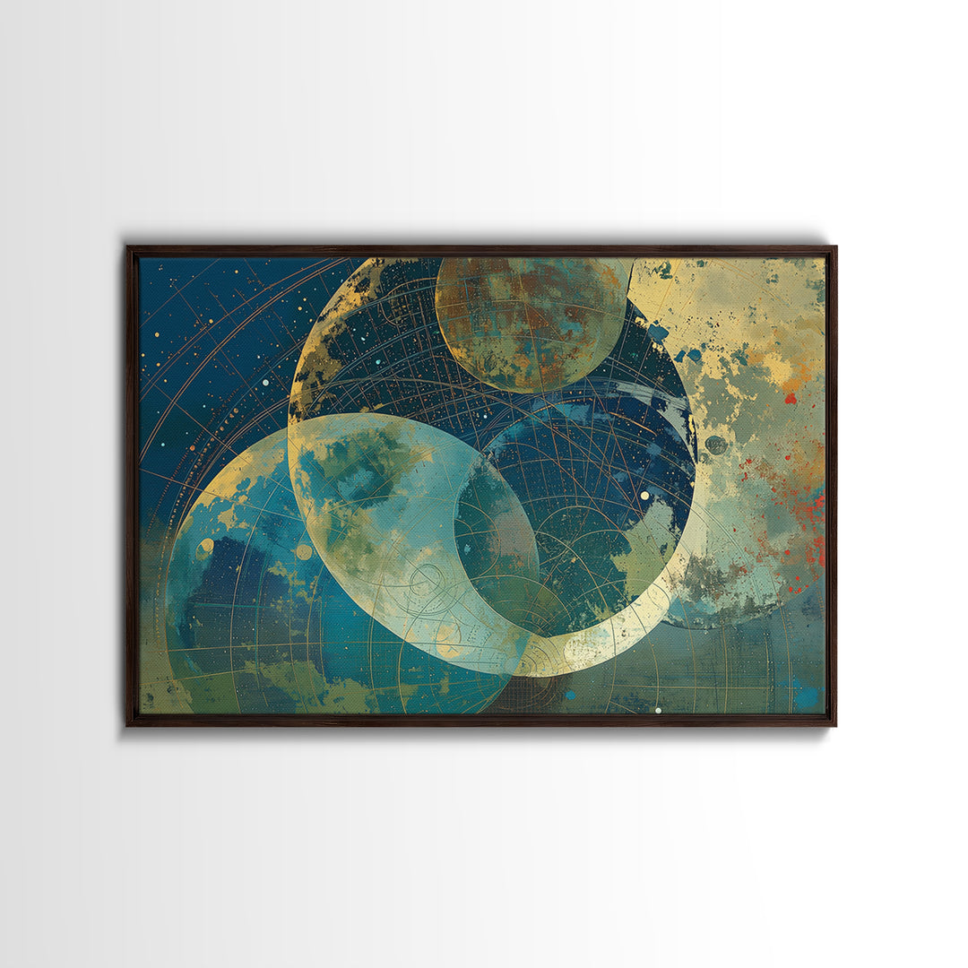 Layered Moons And Planetary Orbits Canvas Print, Abstract Wall Art, Modern Canvas Art, Celestial Digital Art, Office Decor