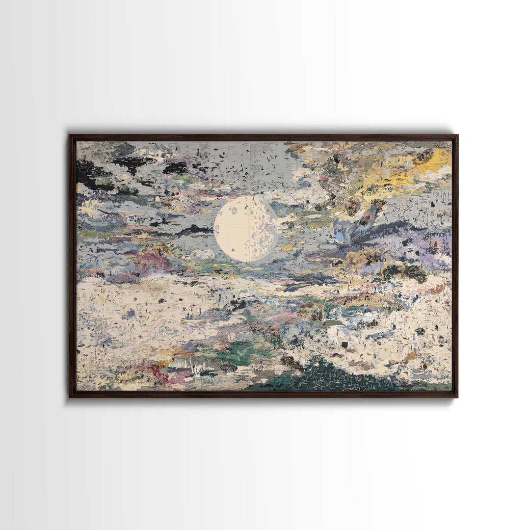 Textured Full Moon Over Abstract Clouds Framed Canvas Print, Abstract Wall Art, Modern Art, Beige Wall Art, Elegant Home Decor
