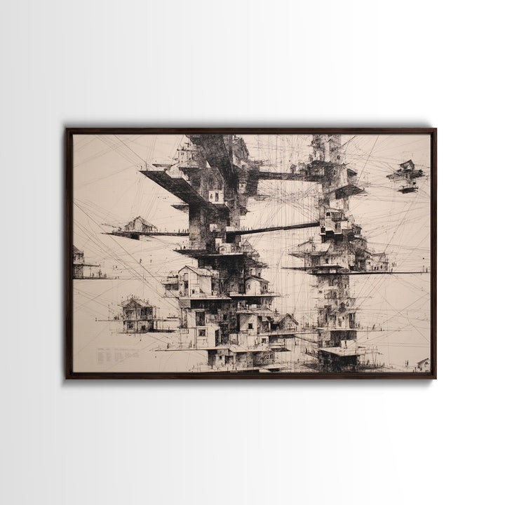 Futuristic Floating Tower City Wall Art, Architectural Illustration Art, Modern Wall Decor, Black And White Art, Office Art