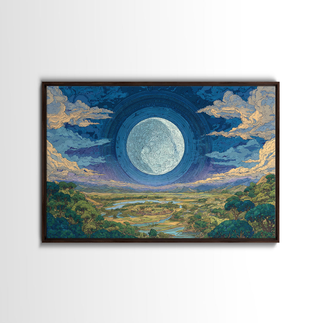 Giant Moon Over River Valley Canvas Print, Dreamy Wall Art, Nature Scene Art, Blue And Green Decor, Landscape Wall Decor