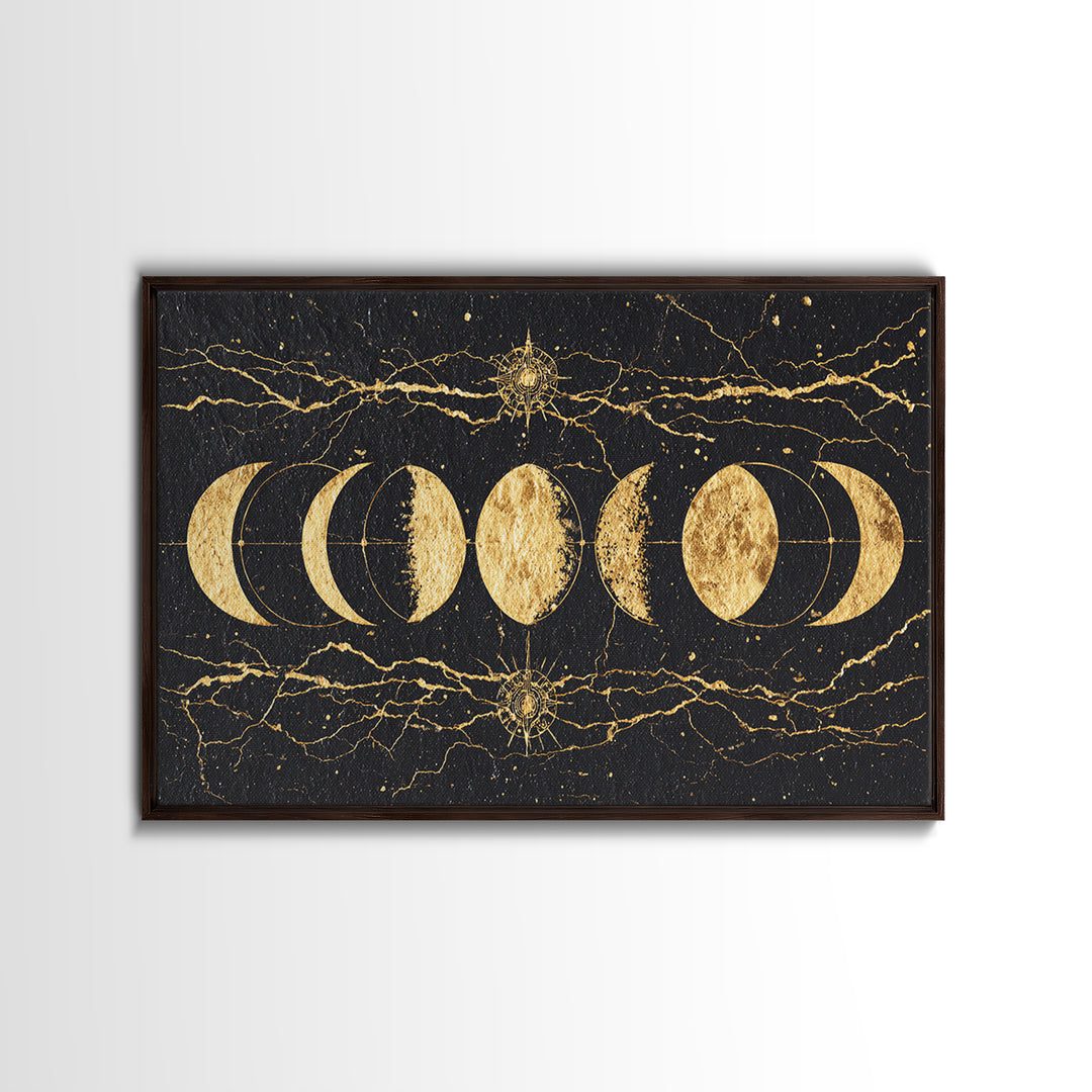 Gold Moon Phase Celestial Wall Art, Black Marble Lunar Decor, Mystical Astronomy Print, Boho Spiritual Home Decor Gift For Her