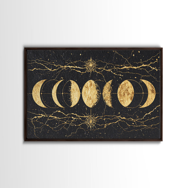 Gold Moon Phase Celestial Wall Art, Black Marble Lunar Decor, Mystical Astronomy Print, Boho Spiritual Home Decor Gift For Her
