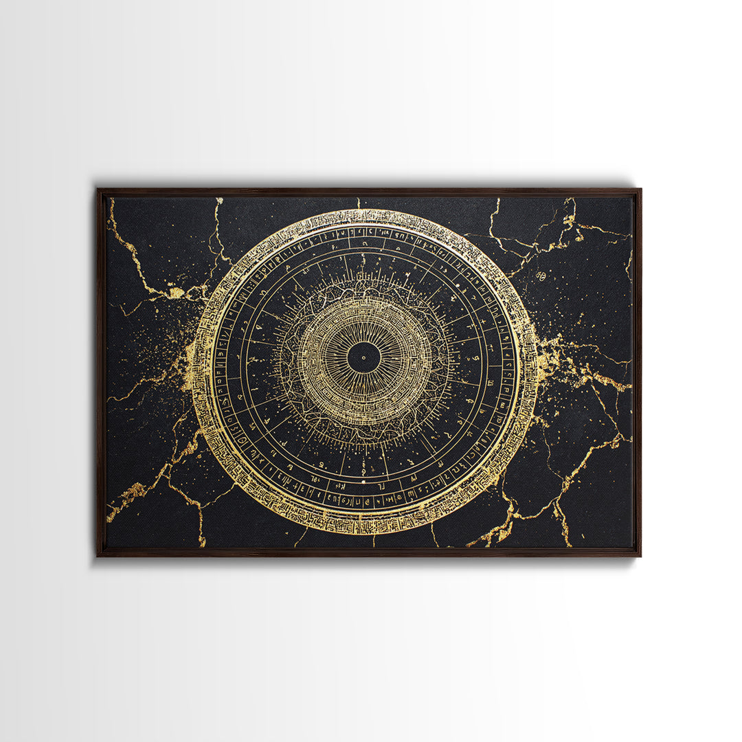 Gold Zodiac Wheel Framed Canvas Print, Astrological Chart Wall Decor, Celestial Astronomy Art, Mystical Home Decor Gift Idea