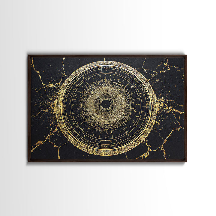 Gold Zodiac Wheel Framed Canvas Print, Astrological Chart Wall Decor, Celestial Astronomy Art, Mystical Home Decor Gift Idea