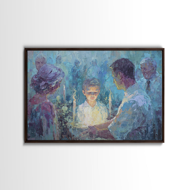 Candlelit Boy Ritual Wall Art, Blue Spiritual Family Ceremony Painting, Dreamy Portrait Canvas Decor, Meaningful Home Gift