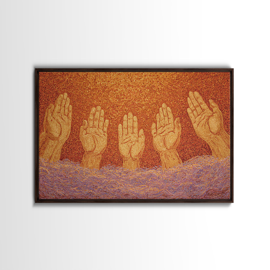 Golden Raised Hands Wall Art, Orange Mosaic Spiritual Painting, Empowerment Prayer Decor, Abstract Contemporary Home Gift