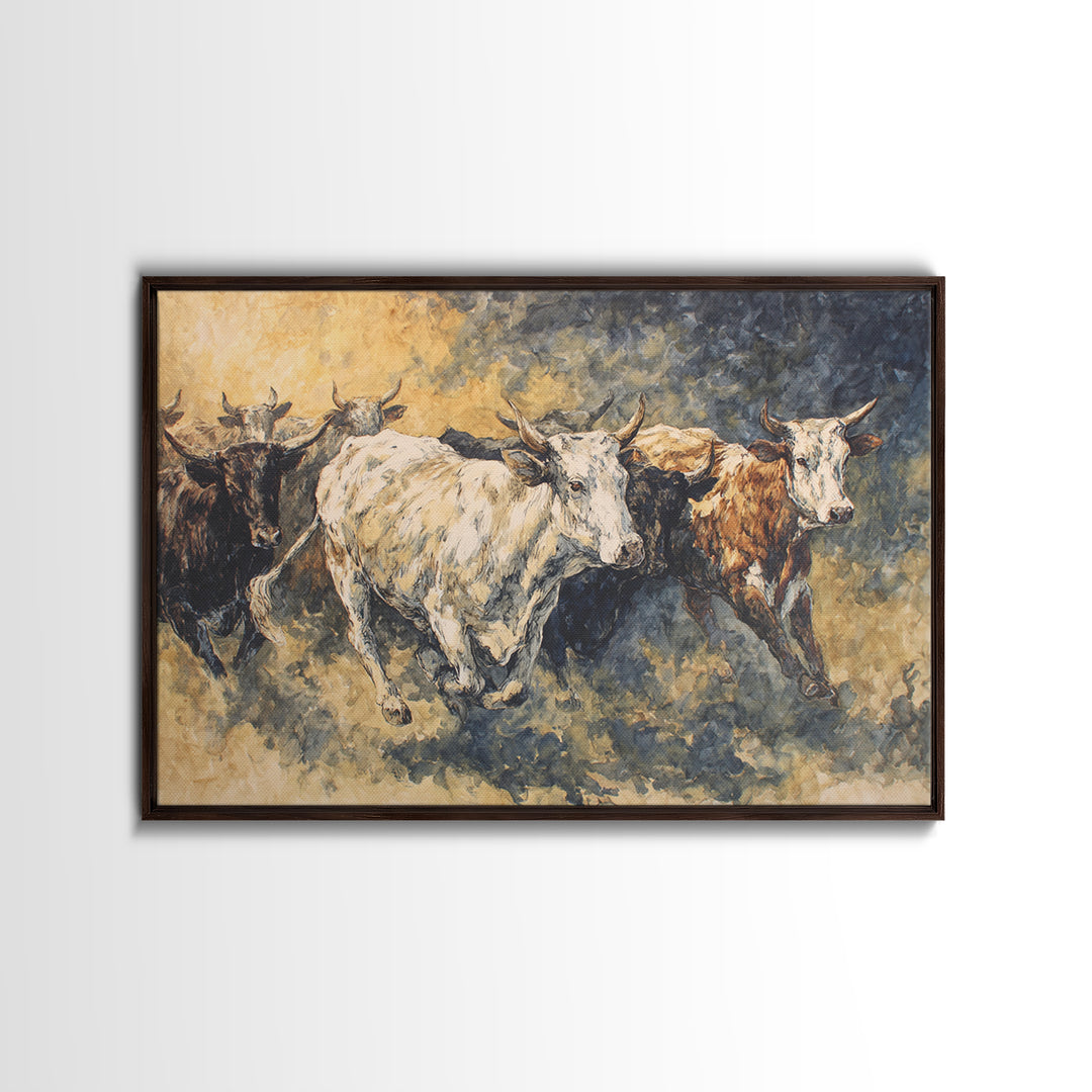 Galloping Longhorn Cattle Canvas Print, African Safari Wall Decor, Rustic Animal Painting, Earth Tone Statement Artwork Gift