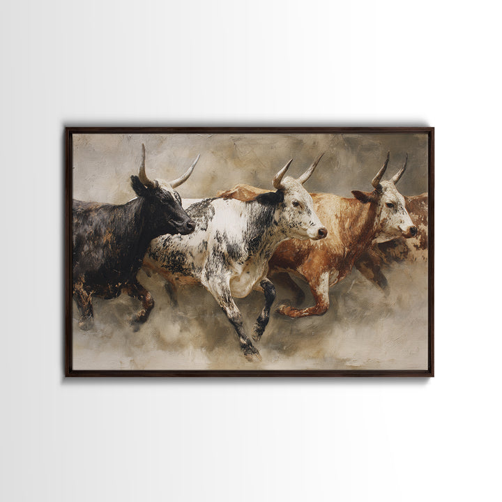 Three Longhorn Bulls In Motion Framed Canvas Print, African Safari Decor, Rustic Western Animal Wall Art For Living Room