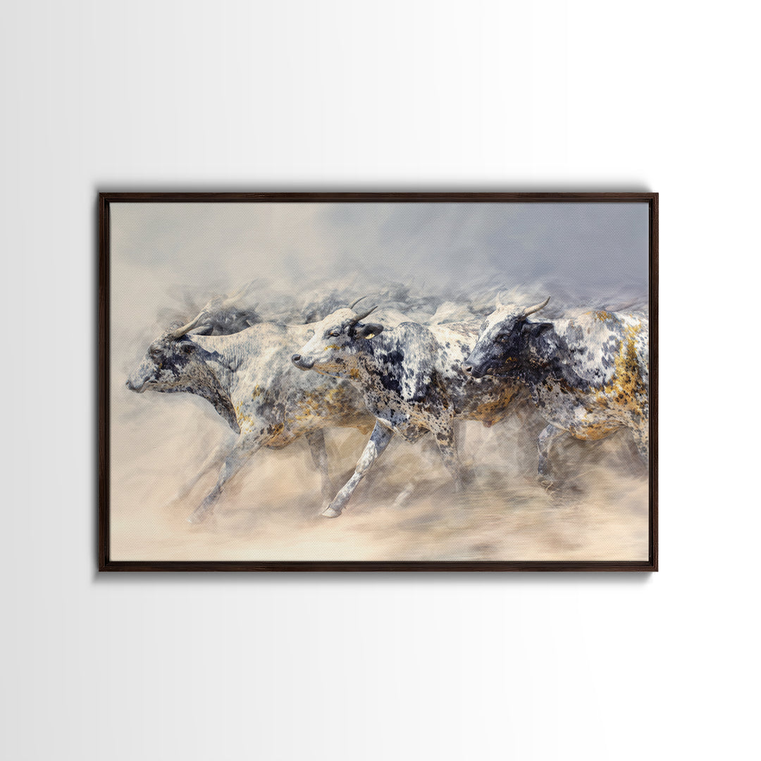 Dusty Spotted Bulls Racing Across Plain Canvas Print, African Safari Animal Art, Neutral Earth Tone Wall Decor Gift For Home