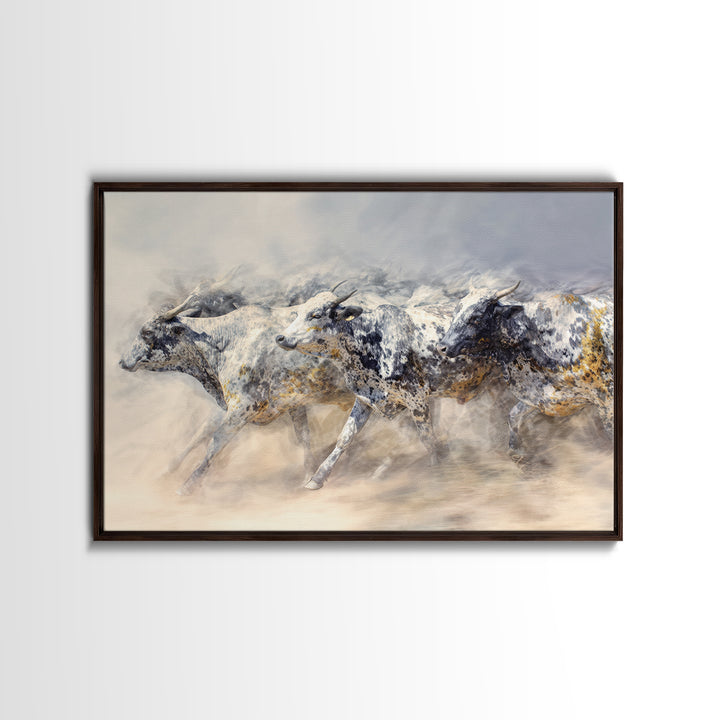 Dusty Spotted Bulls Racing Across Plain Canvas Print, African Safari Animal Art, Neutral Earth Tone Wall Decor Gift For Home