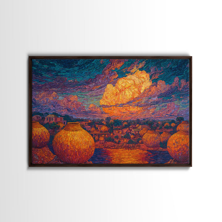 African Village Sunset With Clay Pots Wall Art, Colorful Landscape Print, Afrocentric Home Decor, Motherland Culture Art
