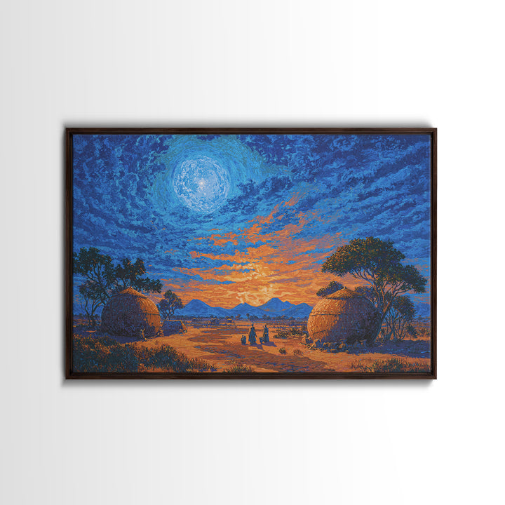 Moonlit African Village Landscape Wall Art, Blue Sunset Safari Decor, Motherland Hut Print, Serene Nature Scene Art Gift For Home