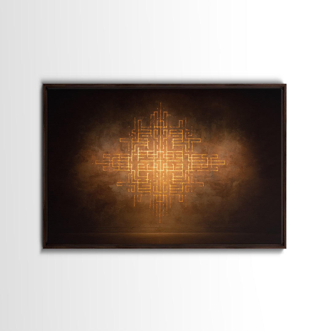 Glowing Gold Geometric Totem Canvas Print, African Abstract Wall Decor, Spiritual Symbol Art, Warm Brown Luxury Home Decor