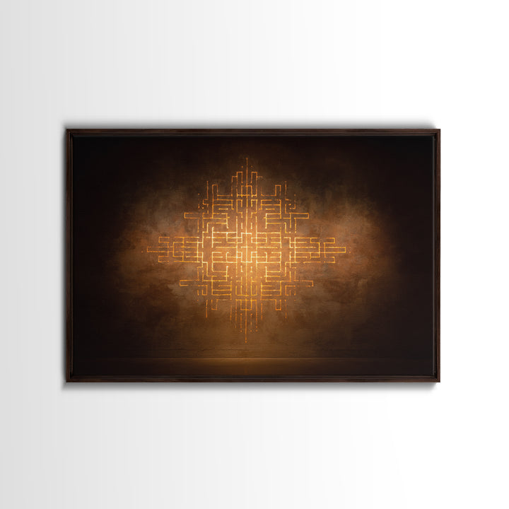 Glowing Gold Geometric Totem Canvas Print, African Abstract Wall Decor, Spiritual Symbol Art, Warm Brown Luxury Home Decor