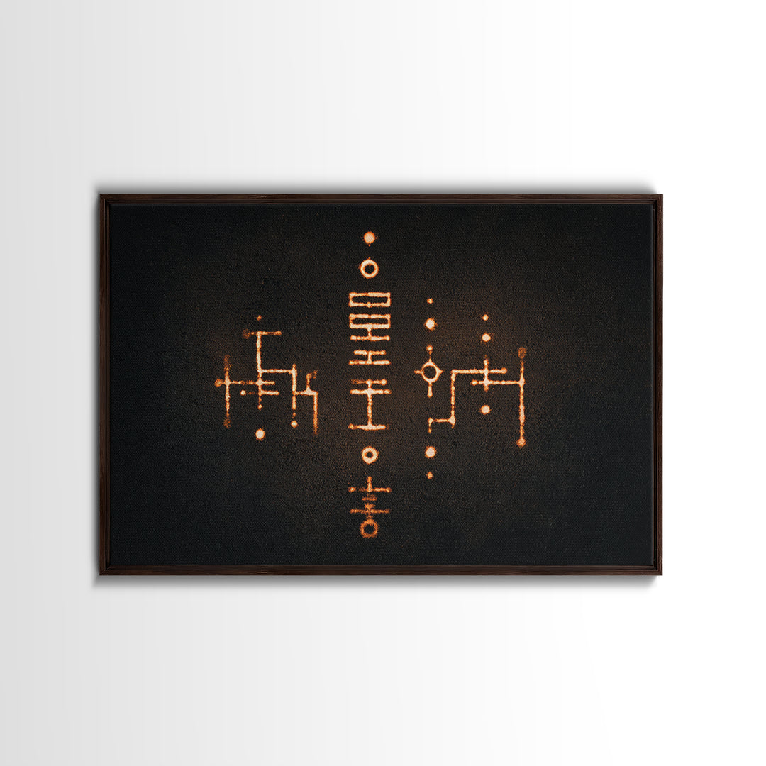 Glowing Orange Tribal Markings Canvas Print, African Symbol Wall Decor, Minimalist Black Abstract Art, Spiritual Home Decor