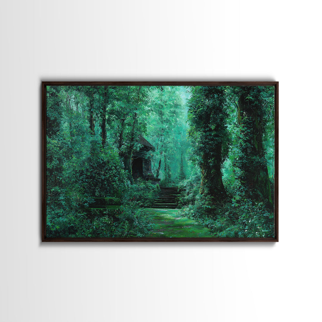Emerald Forest Ruins And Stone Steps Canvas Print, African Landscape Wall Decor, Mystical Jungle Art, Dreamy Green Home Decor