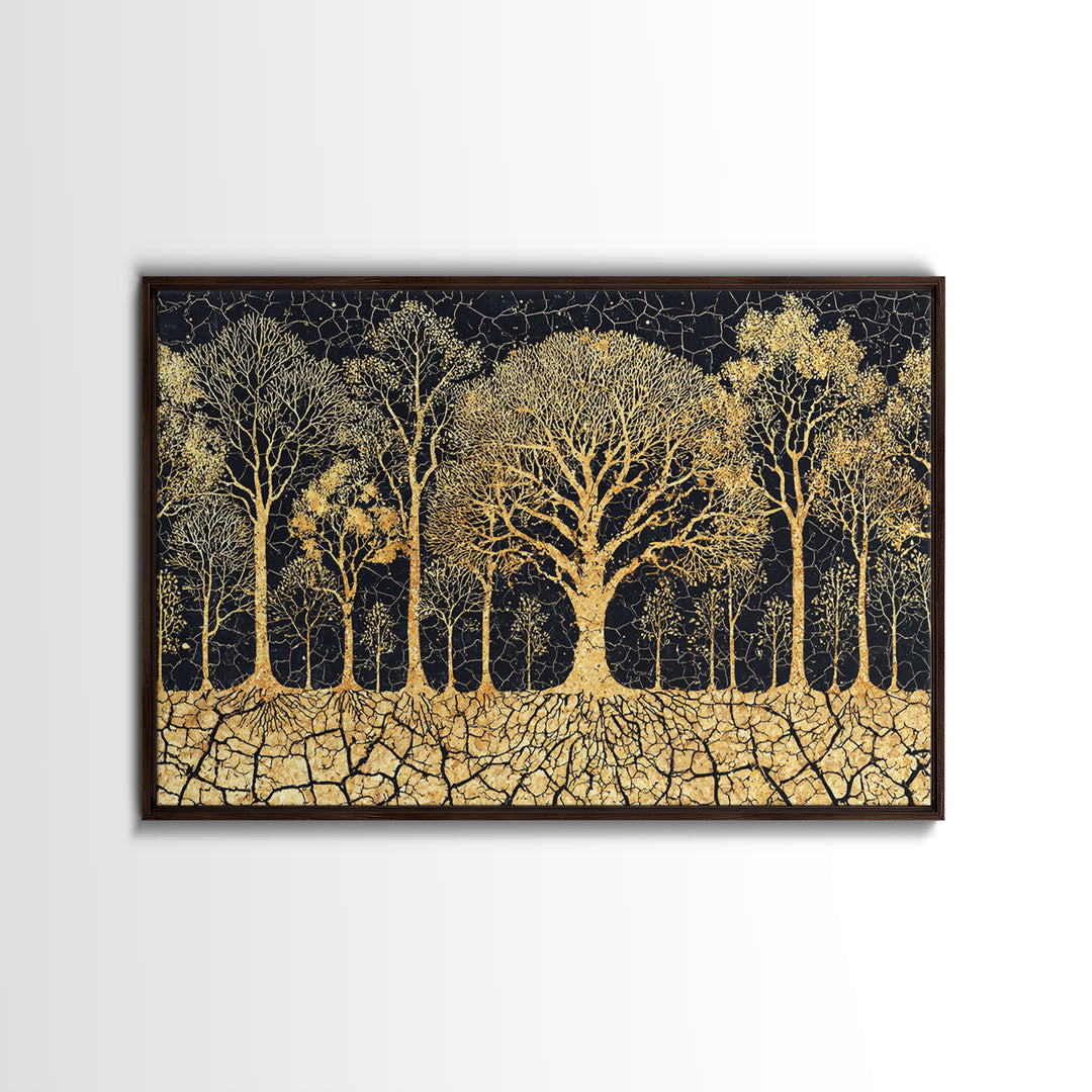Golden Baobab Tree Grove On Black Cracked Earth Canvas Print, African Tree Inspired Abstract Wall Decor, Luxury Home Art