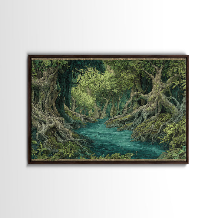 Enchanted River Forest With Ancient Roots Framed Canvas Print, Green Jungle Landscape Wall Decor, Mystical Nature Artwork