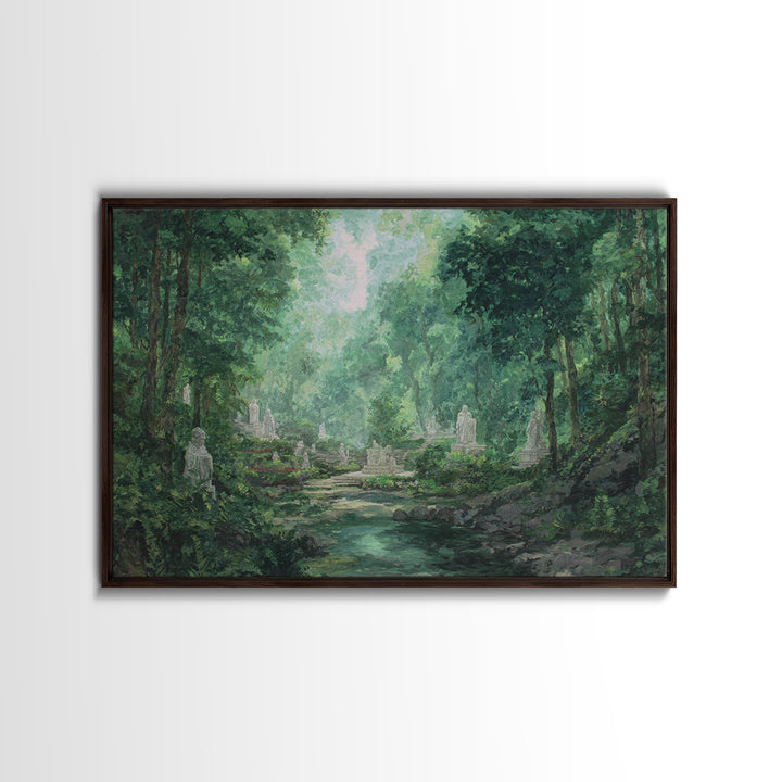 Misty Forest Ruins With Statues And Stream Wall Art, Green Nature Landscape Painting, Dreamy Garden Decor For Living Room