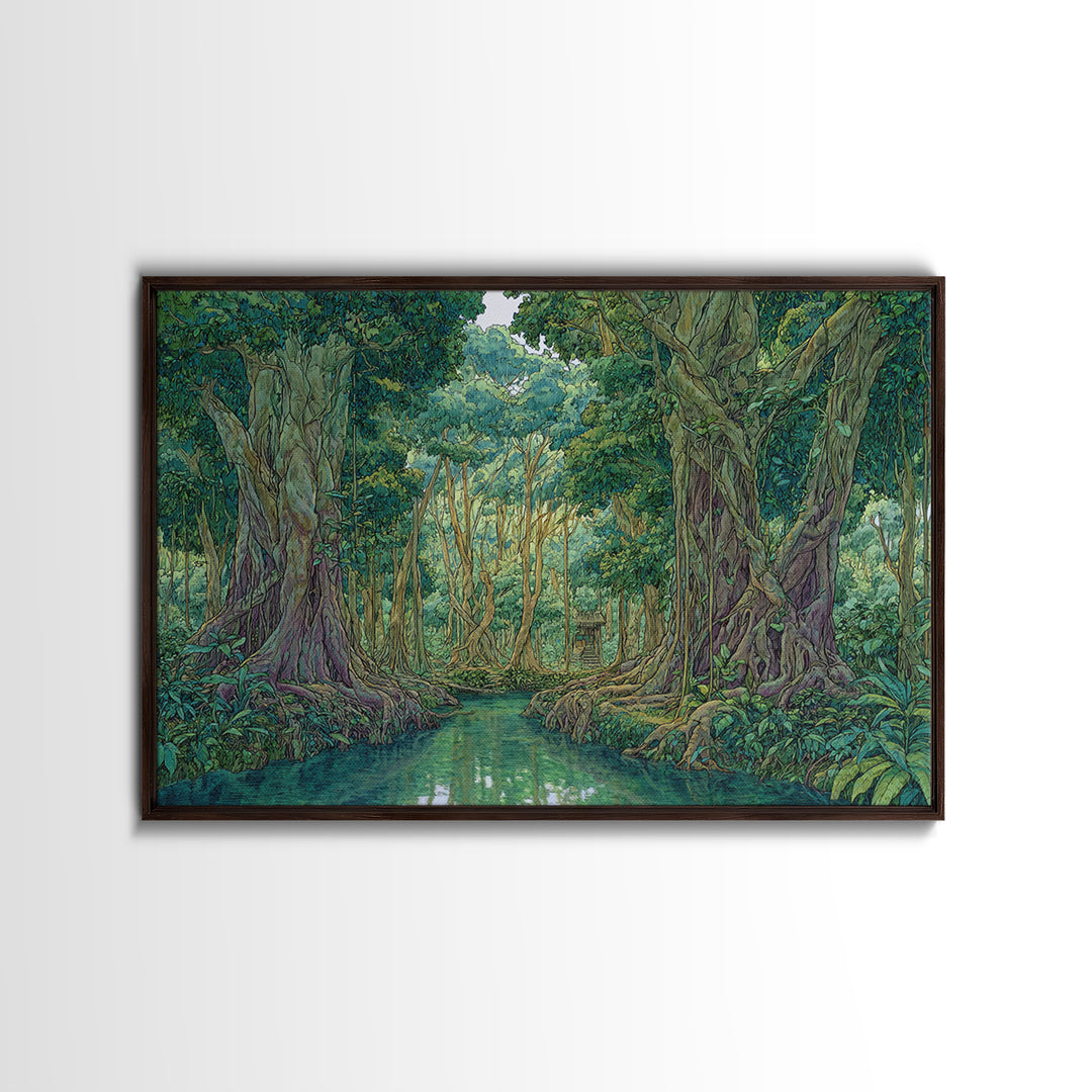 Lush Jungle River Between Towering Trees Canvas Print, Green Nature Landscape Wall Decor, Boho Tropical Living Room Art Print