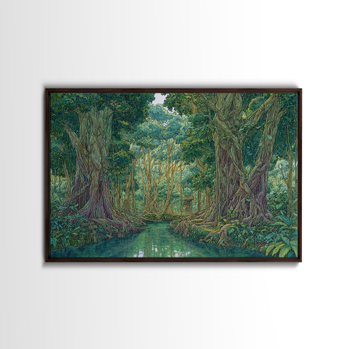 Lush Jungle River Between Towering Trees Canvas Print, Green Nature Landscape Wall Decor, Boho Tropical Living Room Art Print
