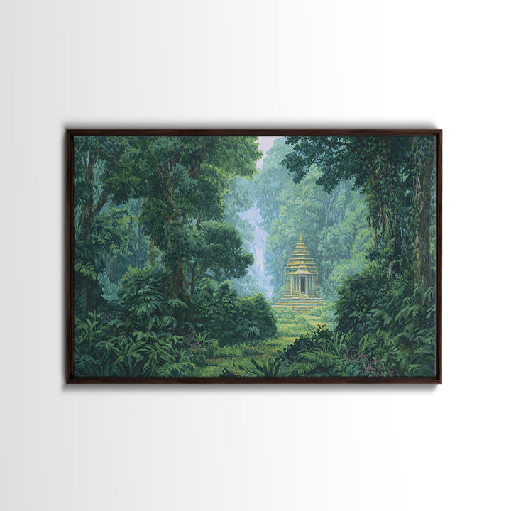 Hidden Golden Temple In Misty Jungle Framed Canvas Print, Green Nature Landscape Wall Decor, Spiritual Tropical Home Art