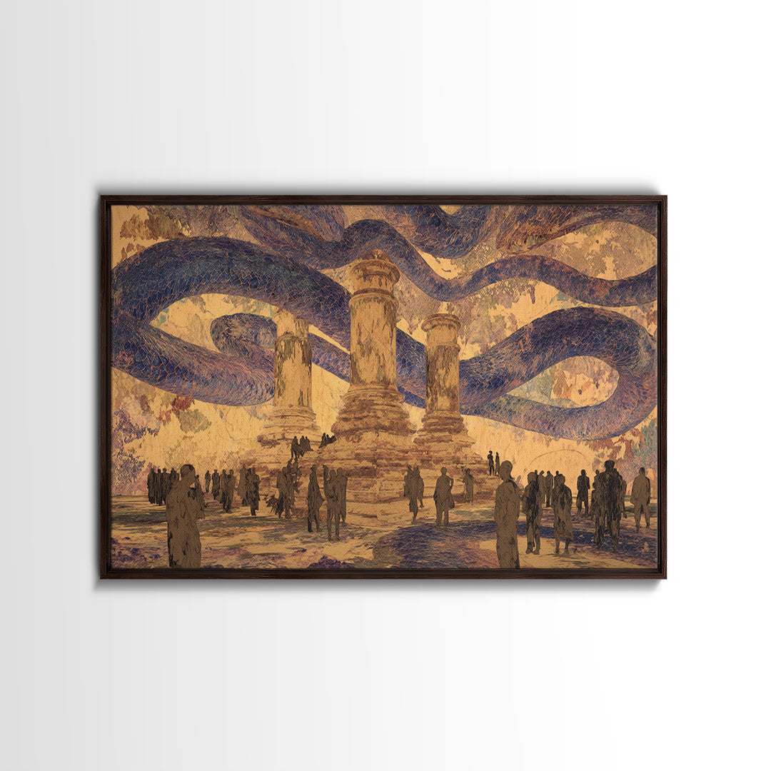 Ancient Columns Beneath Giant Serpent Canopy Wall Art, Surreal African Inspired Fantasy Landscape, Statement Home Decor Art