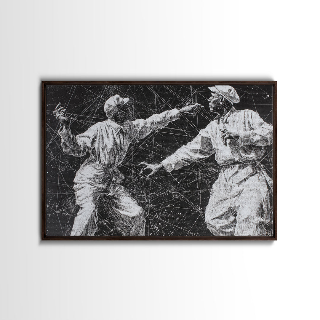 Black And White African Dancers Under Star Lines Wall Art, Afrocentric Art Print, Black Culture Decor, Modern Tribal Artwork
