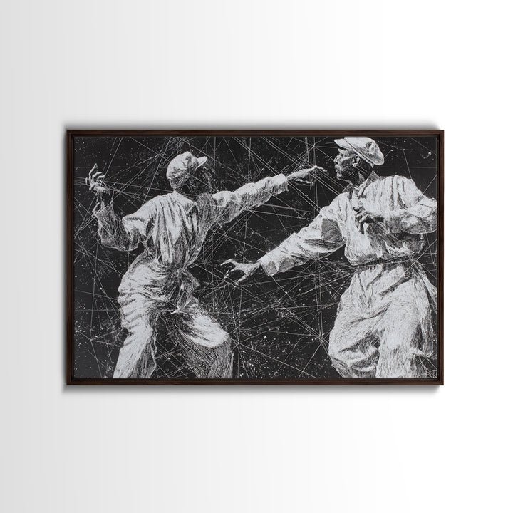 Black And White African Dancers Under Star Lines Wall Art, Afrocentric Art Print, Black Culture Decor, Modern Tribal Artwork