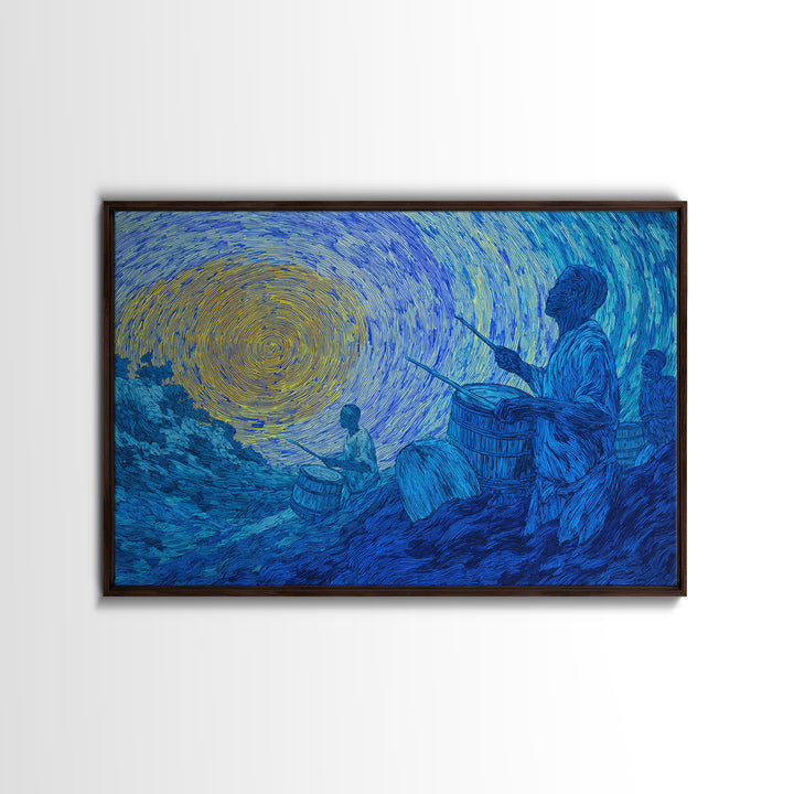Blue African Drummers Beneath Swirling Sun Canvas Print, Tribal Music Wall Art, Afrocentric Decor, Cultural Home Gift For Him