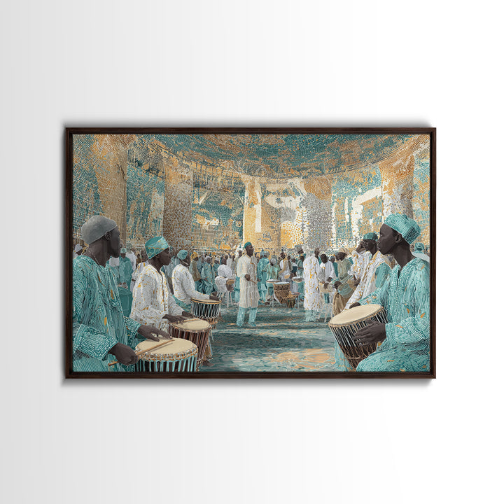 Turquoise African Drum Ceremony In Ornate Hall Framed Canvas Print, Afrocentric Wall Art, Cultural Decor, Luxury Home Gift