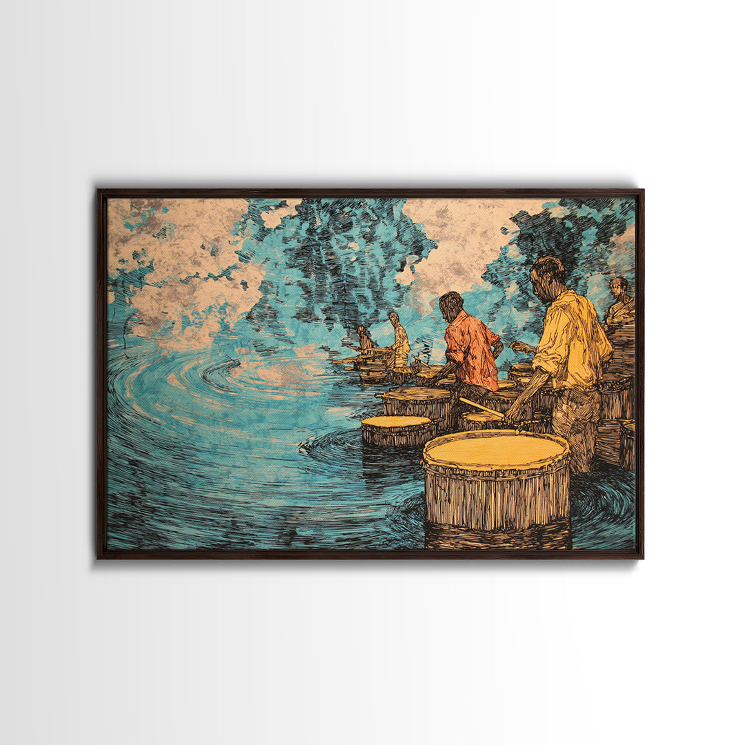 Waterside African Drummers With Blue Reflections Canvas Print, Afrocentric Music Art, Cultural Wall Decor, Unique Home Decor Gift