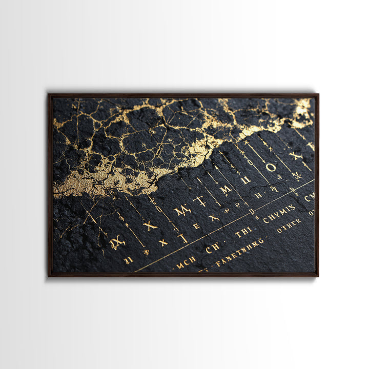Black And Gold Ancient Map Detail Framed Canvas Print, African Inspired Wall Decor, Luxury Art, Mystic Office Decor Gift