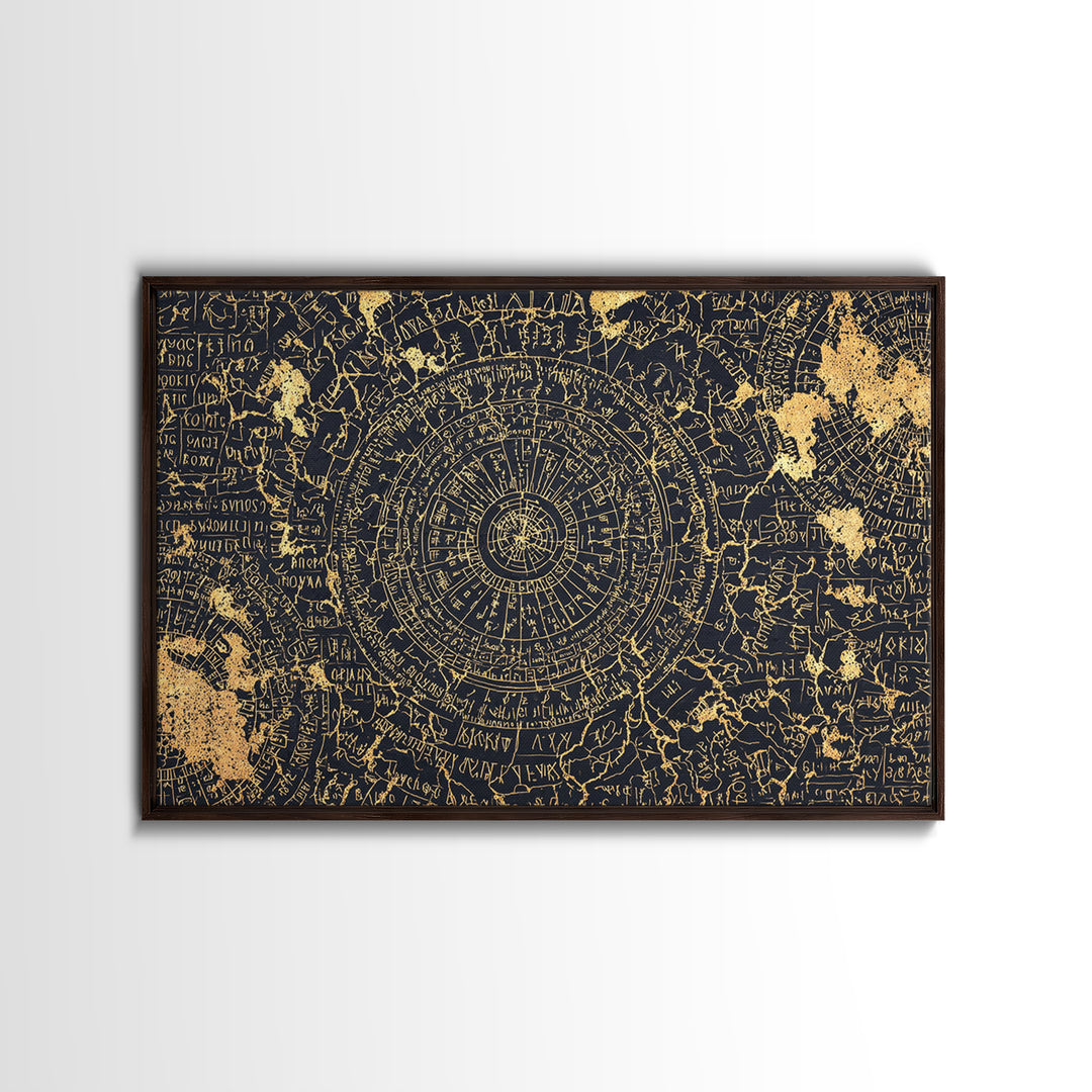 Gold Circular Ancient Map Wall Art, African Inspired Abstract Pattern, Tribal Astronomy Decor, Luxury Black Canvas Print