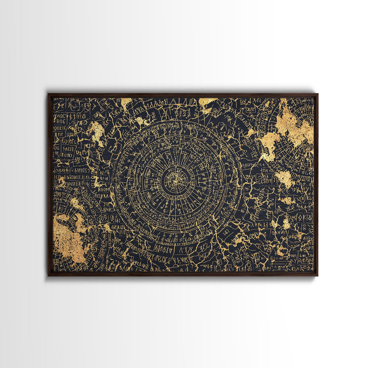 Gold Circular Ancient Map Wall Art, African Inspired Abstract Pattern, Tribal Astronomy Decor, Luxury Black Canvas Print
