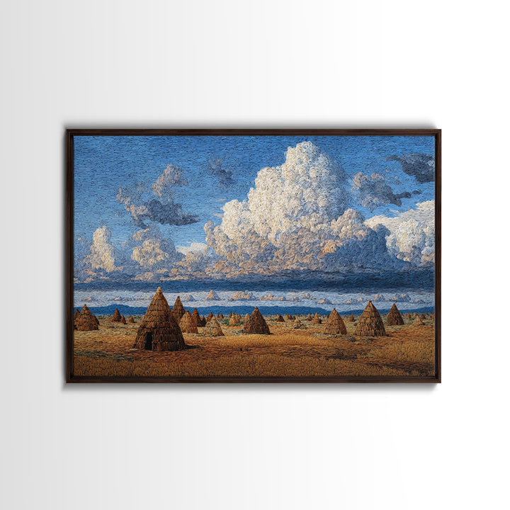 Coastal African Village Huts Wall Art, Blue Sky Landscape Painting, Cultural Safari Decor, Rustic Home Canvas Print Gift