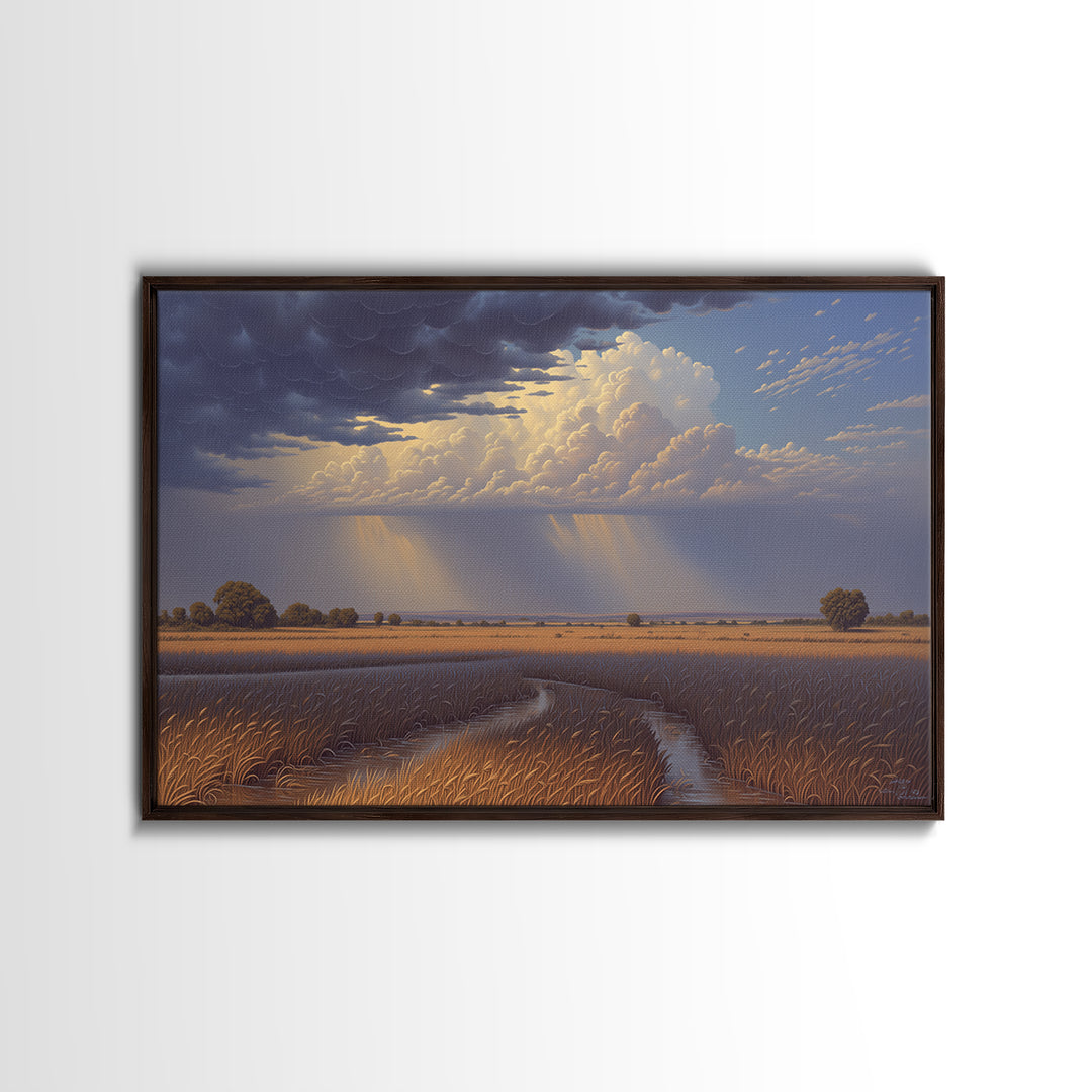 Golden Wetland Storm Over African Savanna Wall Art, Dramatic Landscape Canvas Print, Safari Decor, Earth Tone Home Decor