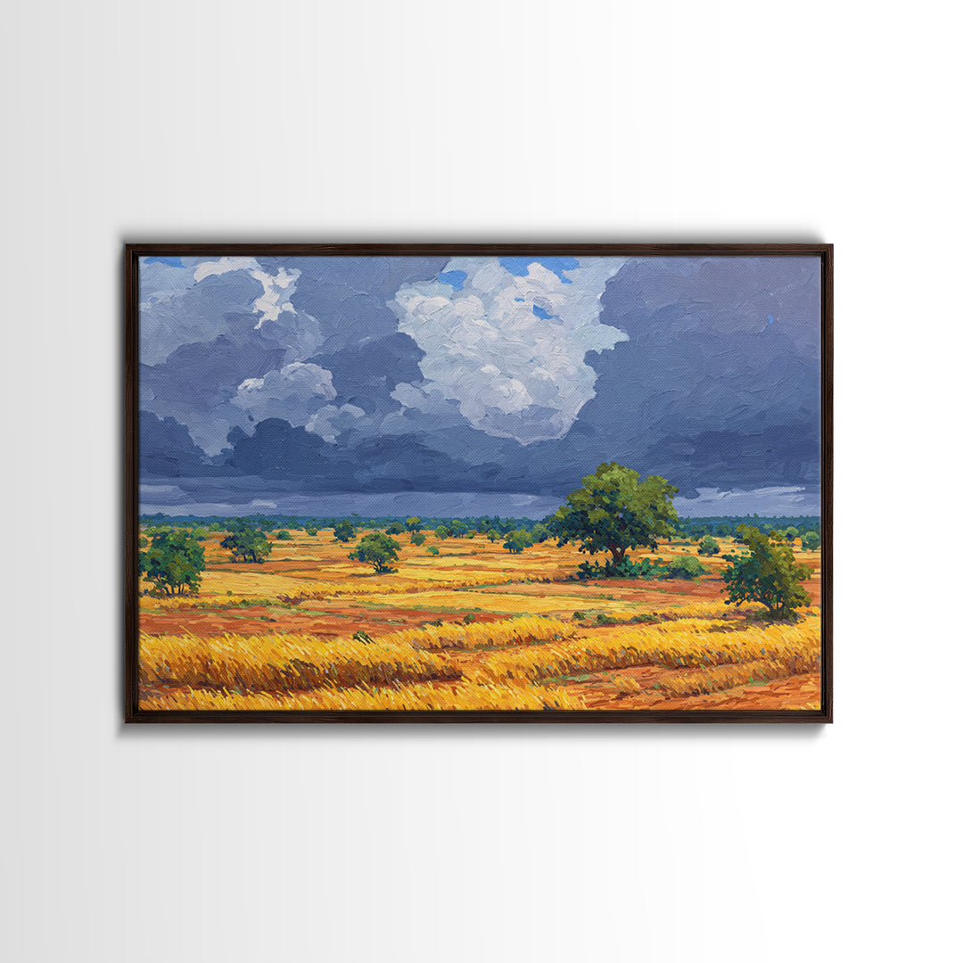 Golden African Plains Under Storm Clouds Canvas Print, Savanna Landscape Wall Art, Safari Decor, Modern Home Decor Gift For Him