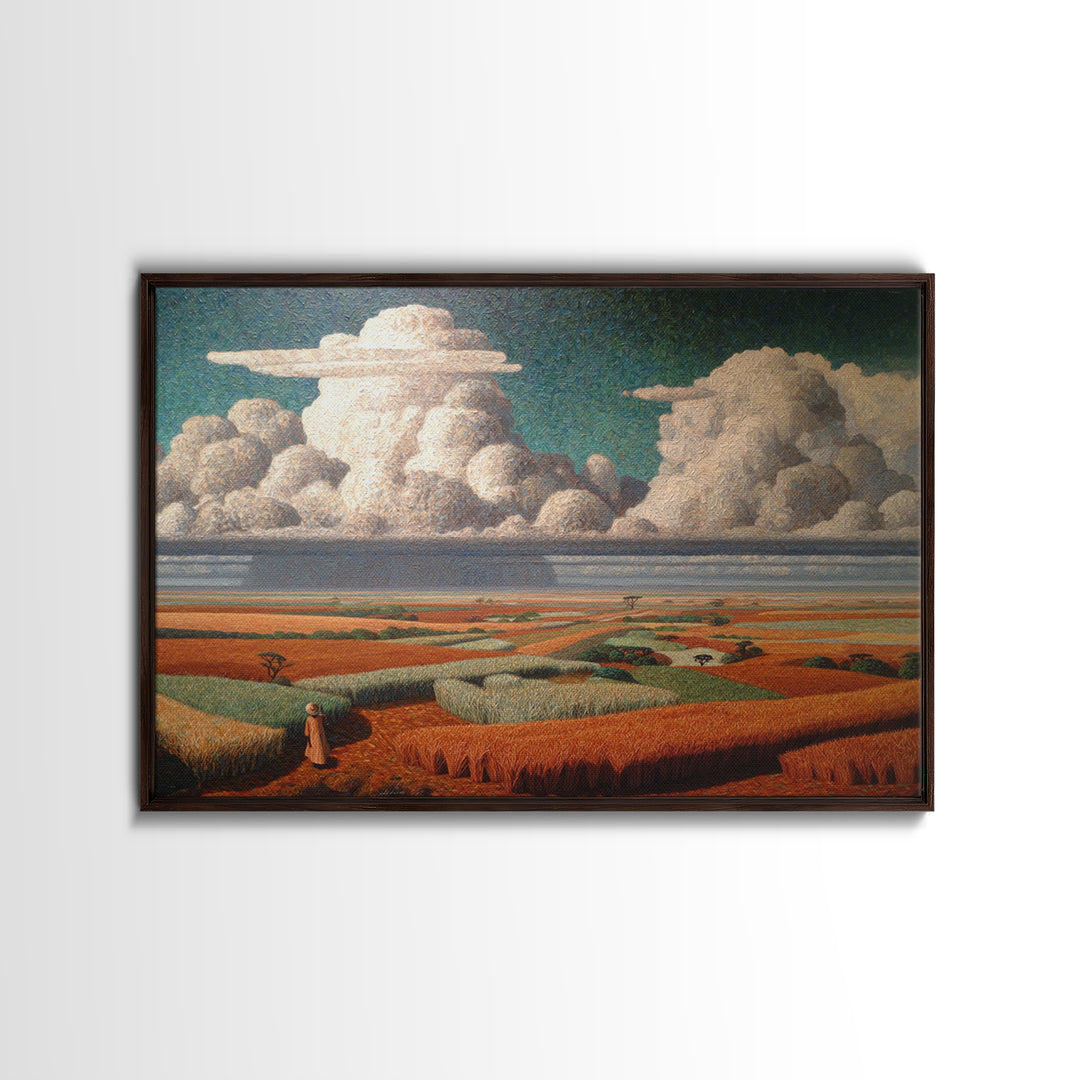 Patchwork Fields And Giant Clouds African Wall Art, Cultural Landscape Canvas Print, Earth Tone Decor, Unique Home Decor