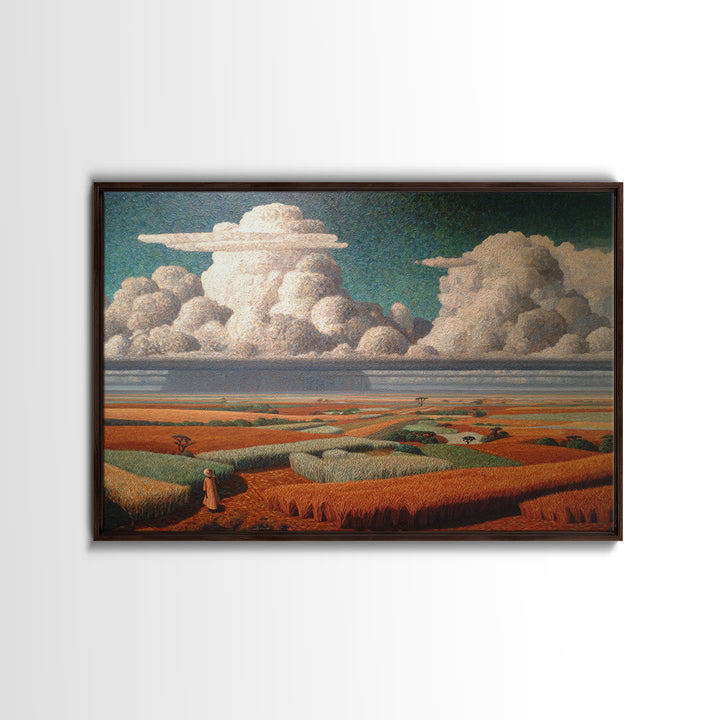 Patchwork Fields And Giant Clouds African Wall Art, Cultural Landscape Canvas Print, Earth Tone Decor, Unique Home Decor