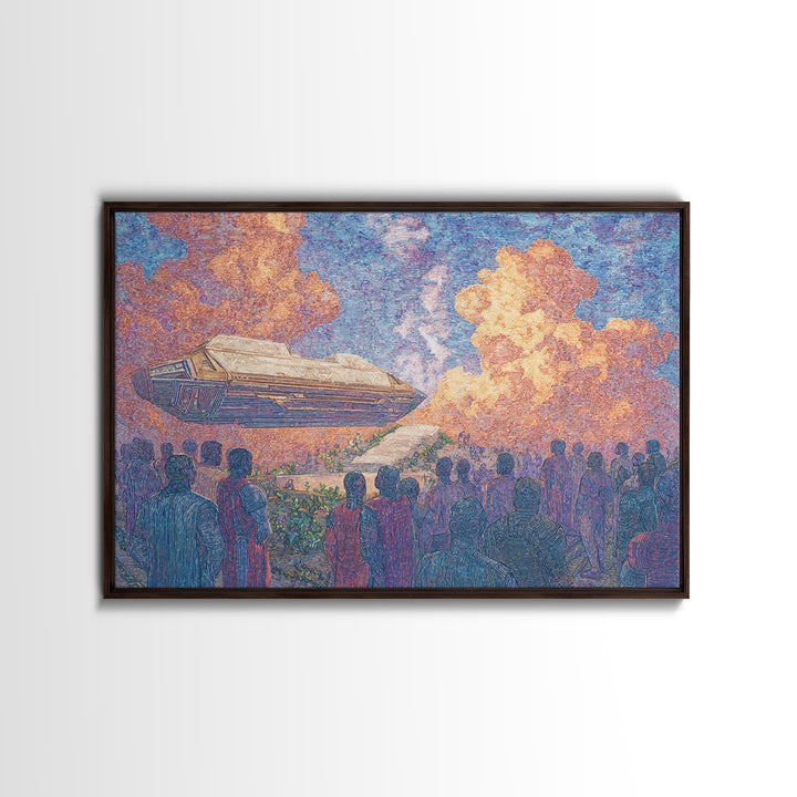 Afrofuturist Airship Above African Crowd Wall Art, Sci Fi Canvas Print, Black Culture Art, Bold Home Decor, Unique Gift For Him