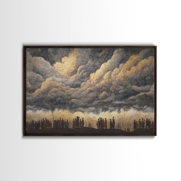 Gathered Silhouettes Under Thunderclouds Framed Canvas Print, African Wall Art, Spiritual Landscape, Statement Home Decor